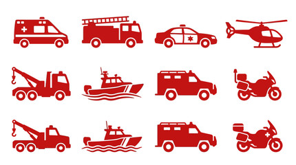 Red Emergency Vehicle Icons: Ambulance, Fire Truck, Police Car, Helicopter, Tow Truck, Boat, SUV, Motorcycle © adakami.art
