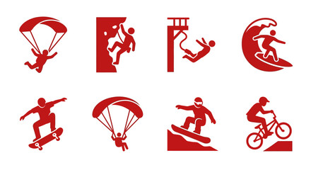Extreme Sports Icons: Paragliding, Rock Climbing, Bungee Jumping, Surfing, Skateboarding, Snowboarding, Biking © adakami.art