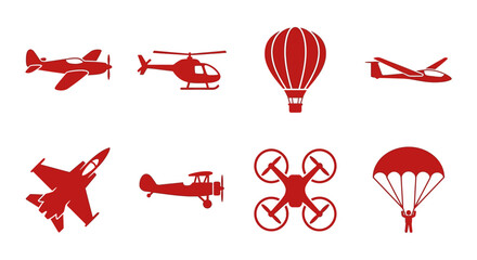 Collection of Red Aircraft Icons: Airplane, Helicopter, Drone, Hot Air Balloon, Parachute © adakami.art