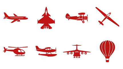 Collection of Red Aircraft Silhouettes: Jet, Biplane, Helicopter, Hot Air Balloon, Seaplane © adakami.art