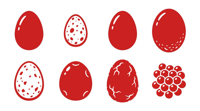 Red Egg Icons: Variety of Shapes and Patterns for Easter, Food, and Biology Concepts