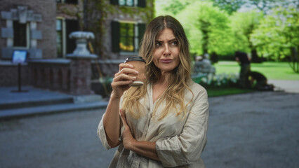 Fototapeta premium Woman holds takeaway coffee cup in one hand near face, eyes closed and sniffing steam while standing before a building entrance; contemplation.