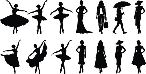 Set of ballerina and woman fashion silhouettes in diverse elegant poses © razia