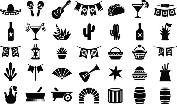 Fiesta party elements and mexican cultural icons including cactus sombrero maracas and decorations