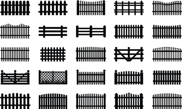 Rustic timber fence collection silhouette vector set of farm and garden boundary panel illustrations