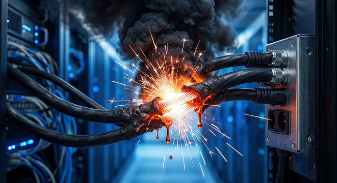 Server room electrical cables short circuit sparks fire sparks and smoke damage technology infrastructure power failure.