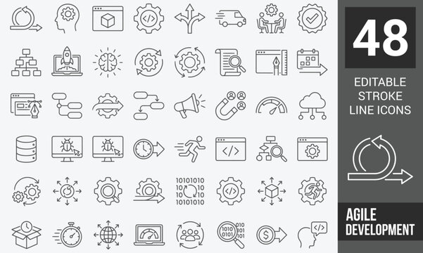 Agile Development web icons in line style. Scrum, requirements, maintenance, testing, software collection. Vector illustration.
