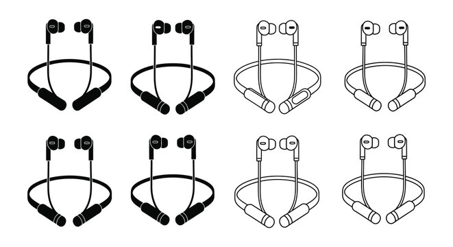 Neckband headphones silhouette variations black and white line art