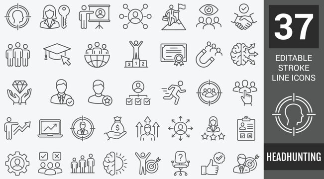 Headhunting web icons in line style. Recruitment, career, resume, work group, candidate, job hiring, collection. Vector illustration.
