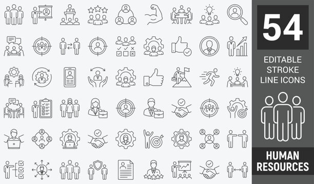 Human resources web icons in line style. Headhunting, career, resume, work group, candidate, job hiring, collection. Editable stroke. Vector illustration.