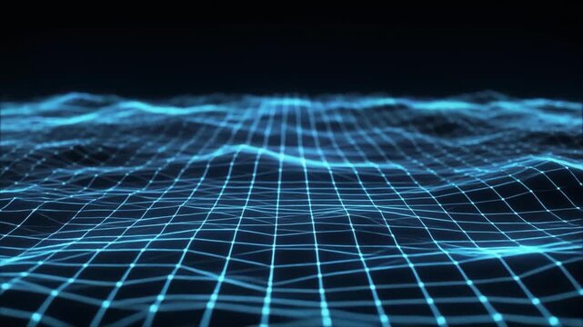 A digital abstract landscape of a blue glowing wireframe grid forming a wavy surface in a dark environment