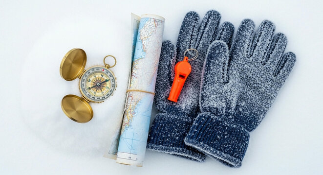 Survival Gear Essentials Including a Vintage Brass Compass Map Whistle and Frosty Winter Gloves for Adventure Travel and Outdoor Exploration