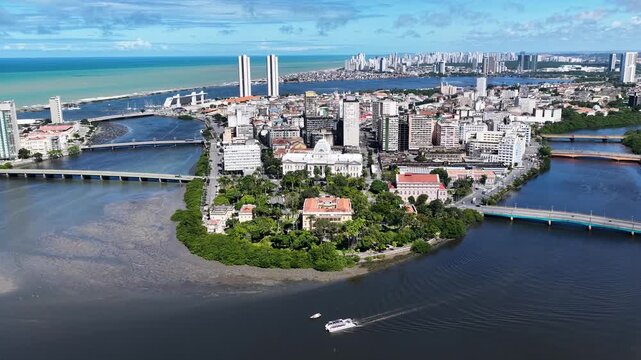 Riverfront Scene In Recife Pernambuco Brazil. Birds Eye View Of Stunning Dark River And Forest Trees. District Skyline. Cities Of The World Landscape. Recife Pernambuco.