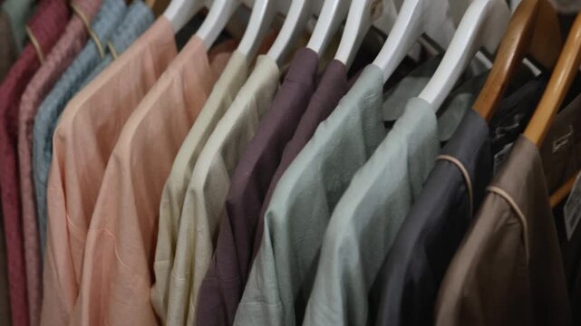 Close-up view of pastel clothes hanging inside wardrobe space, with wooden and white hangers, overlapping fabric layers, soft woven texture, shallow focus, warm indoor light, and tidy lifestyle mood