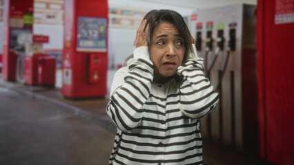 Hispanic woman covering ears with hands at a gas station near fuel pumps, striped sweater, worried grimace in a roadside forecourt  anxiety unease alarm. © Krakenimages.com