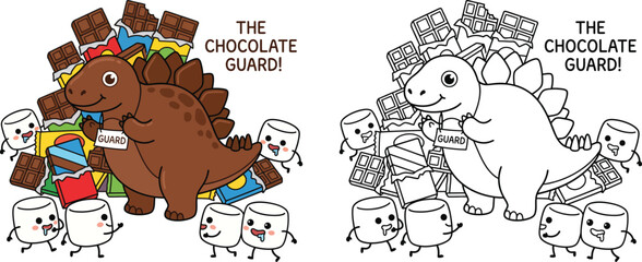 Cute Stegosaurus Dinosaur Chocolate Guard Character with Marshmallows and Text Vector Illustration Set Color & Line Art © Mehrab