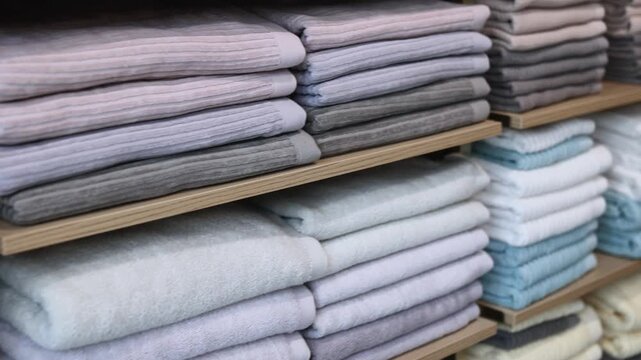 Close view of folded towels and linens stacked on wooden shelves inside calm retail interior, showing soft woven textures, neutral white beige gray pink tones, and tidy merchandising with warm light