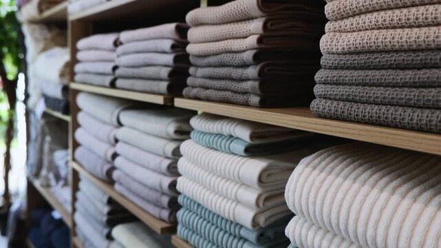 Layered stacks of folded towels fill wooden shelving inside softly blurred retail interior, showing cream, beige, gray, mint, and blue textiles with rich fabric texture, warm daylight, and tidy home