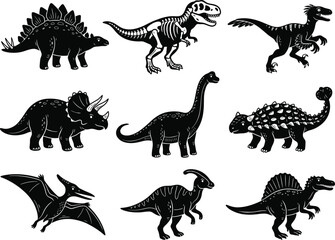 Big vector set of black prehistoric dinosaurs including triceratops, stegosaurus, brachiosaurus, spinosaurus and pterodactyl. © Rekha