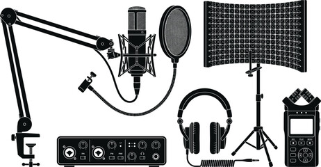 Professional Podcast Audio Recording Equipment Icon Set with Studio Microphone Boom Arm Interface Headphones Shield and Portable Recorder © Sahina