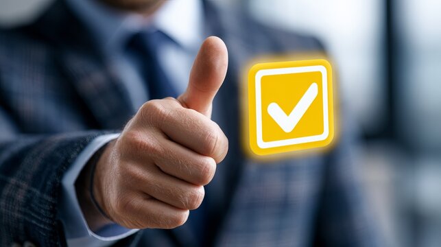 A businessman confidently gives a thumbs-up while interacting with a digital yellow checkmark icon, signifying approval and success