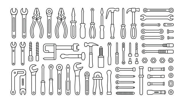 Black and white of various tools and utensils isolated on white background hammer wrench screwdriver