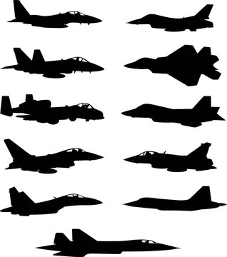 Collection of Military Fighter Jet Silhouettes, Professional Vector Icons of Modern Combat Aircraft Including F-16, F-22, F-35, and A-10 for Aviation and Defense Design Projects.