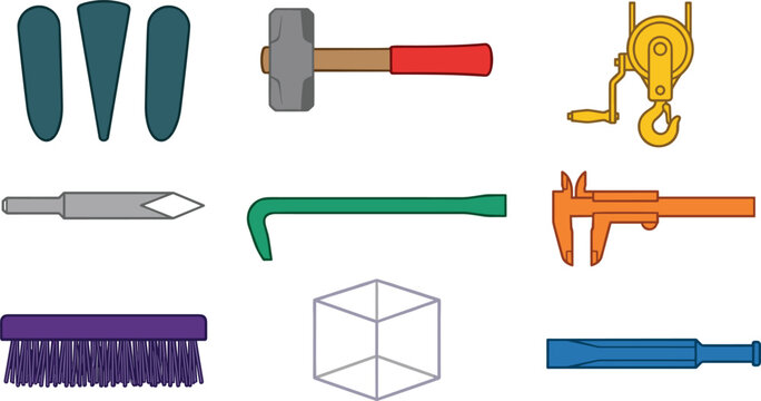Traditional Stone Carving and Masonry Hand Tools Icon Set with Sledgehammer Chisel Wedges Caliper Crowbar Pulley and Cleaning BrushTraditional Stone Carving and Masonry Hand Tools Icon Set with Sledge