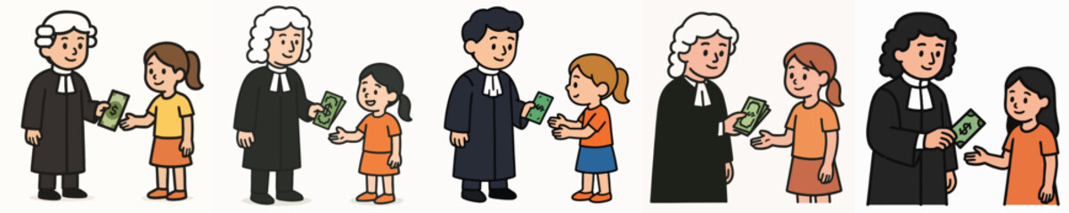 Fototapeta premium A set of vector illustrations showing a judge handing money to a small child.
