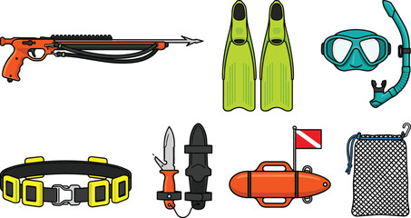 Underwater Spearfishing and Freediving Gear Icon Set with Speargun Fins Mask Snorkel Weight Belt Knife and Safety Float © Sahina