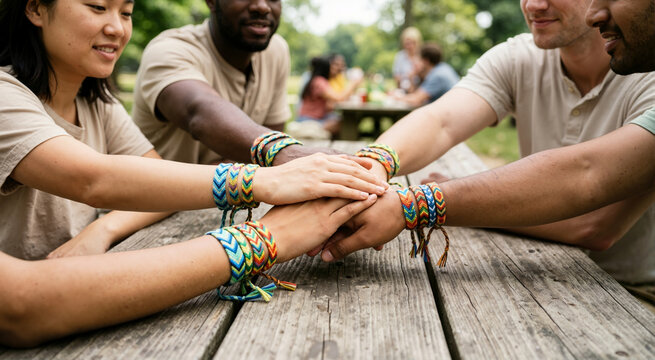 Diverse friends stacking hands with colorful woven bracelets on a wooden picnic table. Multiethnic group celebrating International Friendship Day in a park