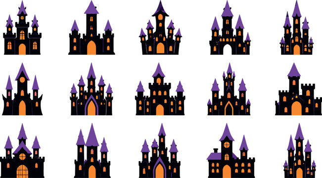 A set of fifteen spooky Halloween haunted castle vector illustrations with glowing orange windows and purple roofs, perfect for festive decorations, web design, and gothic greeting cards.