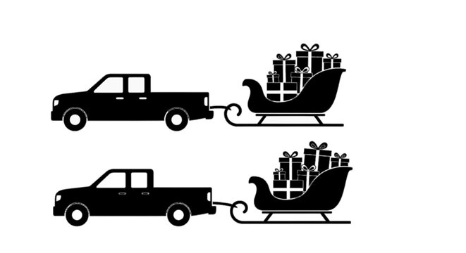 Minimal black silhouette icon, simple flat vector, bold black shape, no gradients, no shading black silhouette of a pickup truck towing a sleigh full of gifts on a, flat icon style