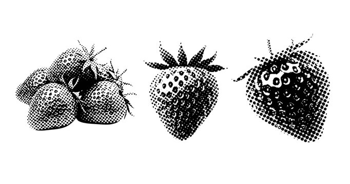 Strawberries arranged in halftone dot pattern on white. not ideal dots