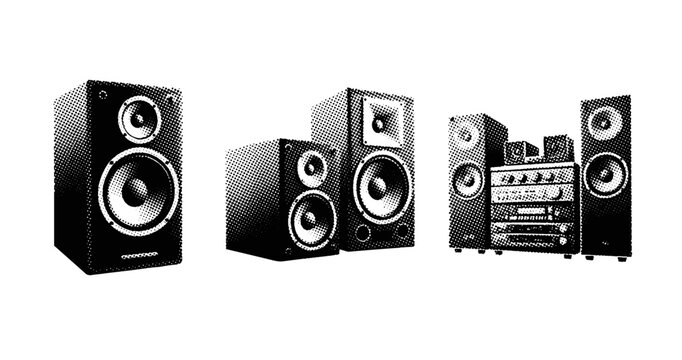Stereo speakers and audio system arranged on white background. not ideal dots