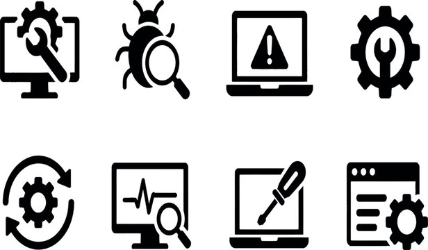 Essential Computer Repair and Software Debugging Vector Icon Set for IT Support Featuring Hardware Maintenance, System Error Alerts, Laptop Service Tools, and Web Configuration Symbols