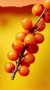 Orange berries on a branch emerging through torn orange paper to reveal a yellow background studio still life triptych with progressive close ups