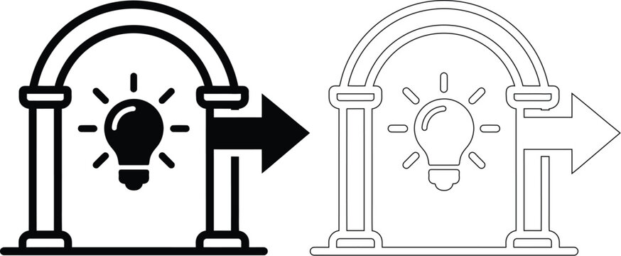 Lightbulb inside an archway pointing forward with lightbulb direction innovation progress business solution creative strategy development thinking