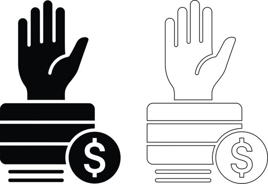 Stop hand gesture above stack of coins with dollar sign icon set currency business investment illustration silhouette