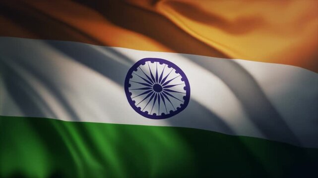 Close-up of the Indian flag with saffron, white, and green stripes and the Ashoka Chakra emblem national symbol