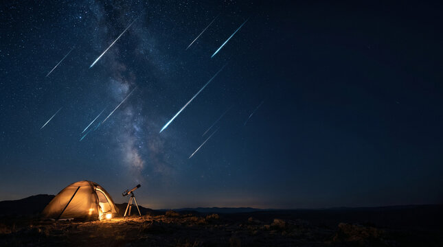 Stargazer observing meteor shower under Milky Way at campsite  