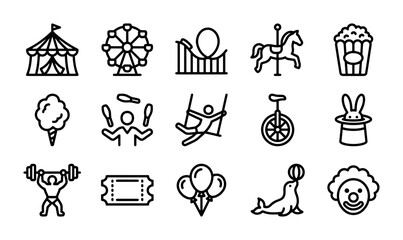 Carnival Icons Set: Circus Tent, Ferris Wheel, Roller Coaster, Carousel, Popcorn, Cotton Candy, Juggler, Swing, Unicycle, Rabbit in Hat, Strongman, Ticket, Balloons, Seal, Clown Face © Rajib