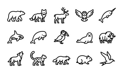 Arctic Animals Vector Icons Set, Wildlife Illustrations, Cute Mammals and Birds Collection © Rajib