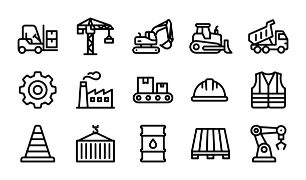 Industrial Construction Icons Set: Heavy Machinery, Safety Gear, Logistics Elements