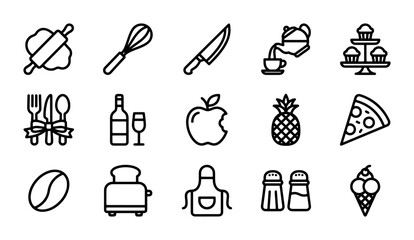 Fototapeta premium Kitchen Utensils & Food Icons Set: Cooking, Baking, Dining, and Refreshments Vector Graphics