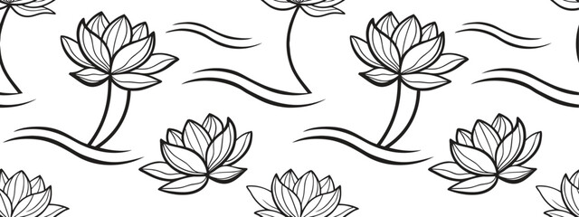 Elegant black lotus flower seamless pattern featuring botanical line art and flowing water waves. Clean floral vector background for fabric, wallpaper and wrapping. Perfect nature design  vector . © KhanMinhazulIslam