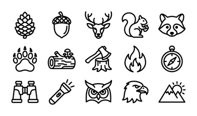 Fototapeta premium Nature Icons Set: Forest Animals, Camping Gear, Outdoor Adventure Symbols, Vector Graphics