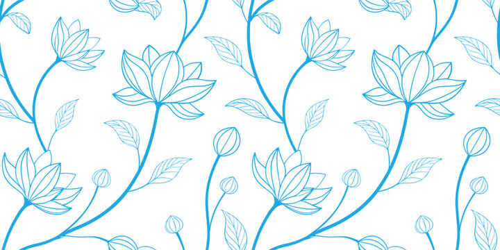 Elegant blue lotus flower seamless pattern with delicate botanical line art, graceful stems and leaf outlines. Clean floral vector background .