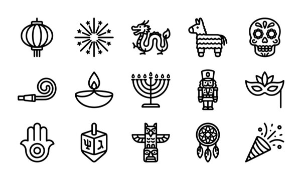 Cultural Celebration Icons: Lantern, Dragon, Pinata, Skull, Menorah, Nutcracker, Mask, Dreamcatcher, Confetti