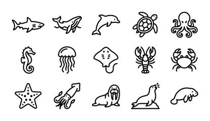 Oceanic Wildlife Icons Set: Marine Animals, Sea Creatures, Underwater Life Vector Graphics © Rafi